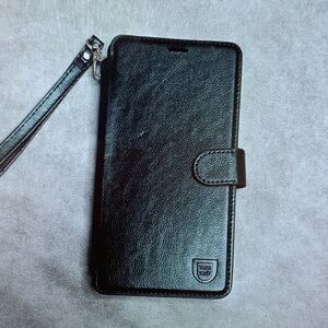 Premium Black Leather Phone Case with Wrist Strap